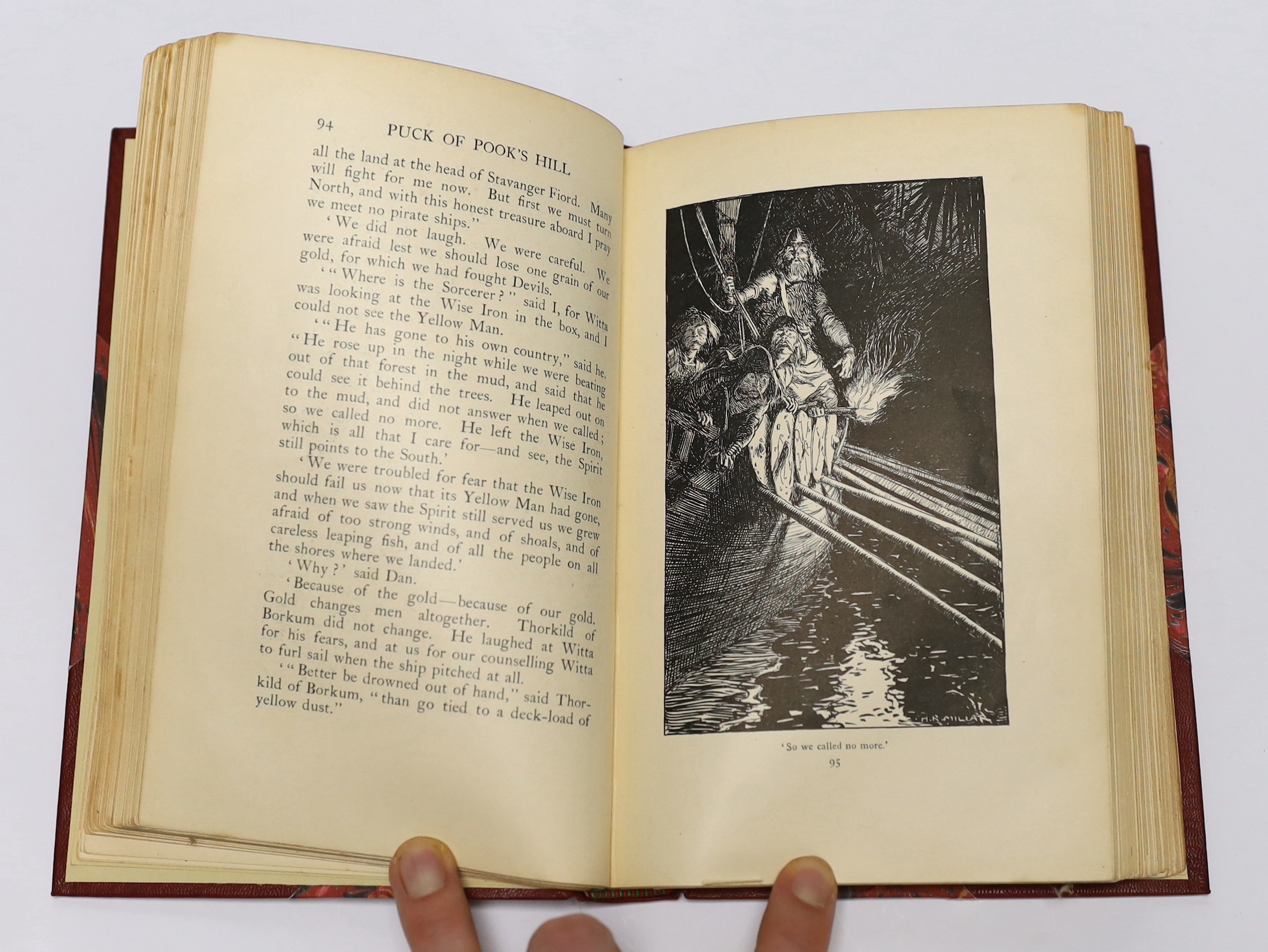 Kipling, Rudyard - Puck of Pook's Hill. First edition, 20 full page illus. (by H.R. Millar), half title and 5 advert. leaves; sometime rebound red half morocco and marbled boards, gilt decorated, ruled and lettered panel